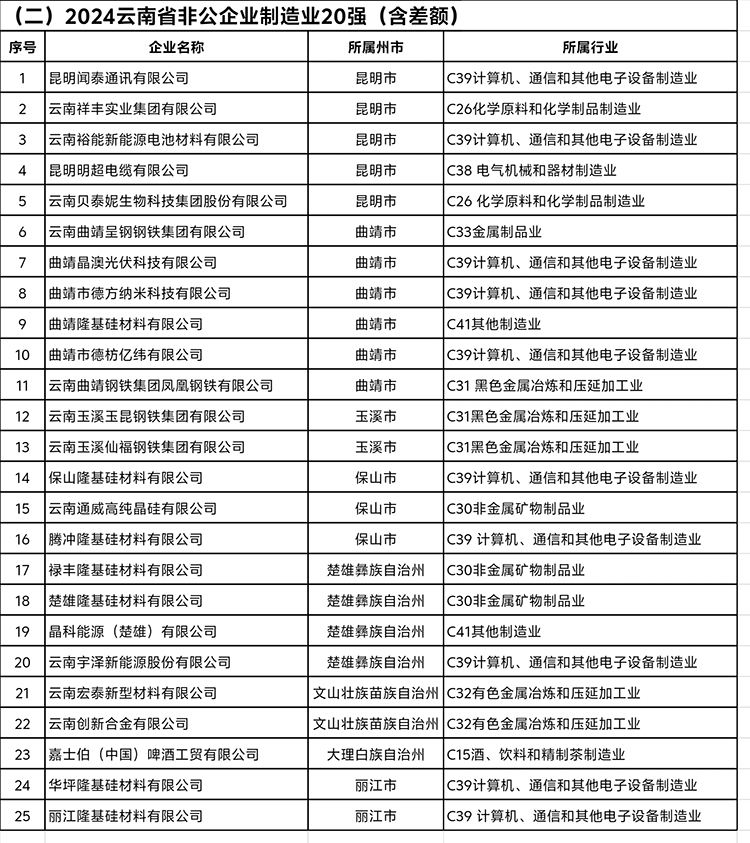 《2024云南省非公企業100強》完整榜單